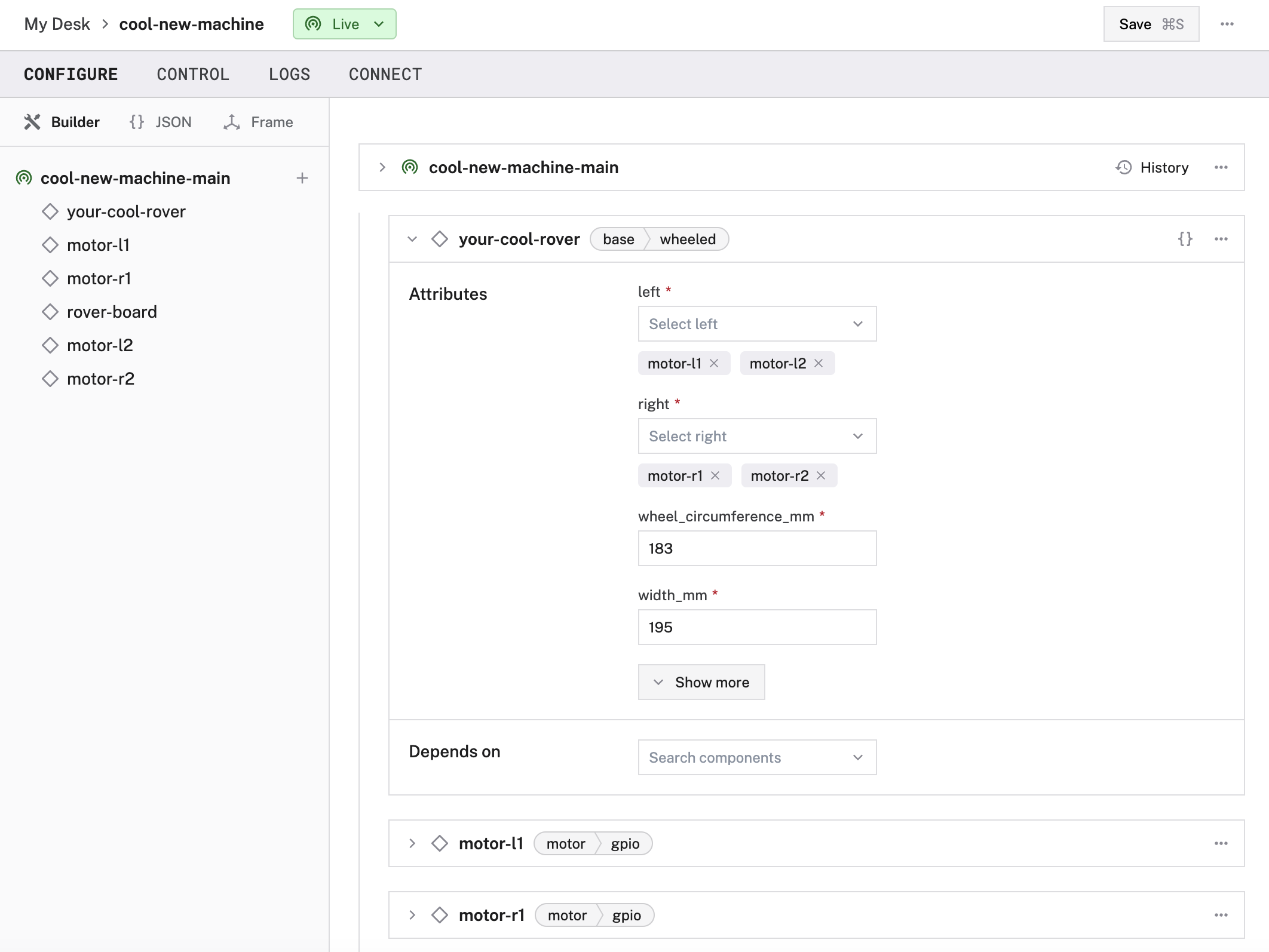An example configuration for a wheeled base, with Attributes & Depends On dropdowns and the option to add a frame.