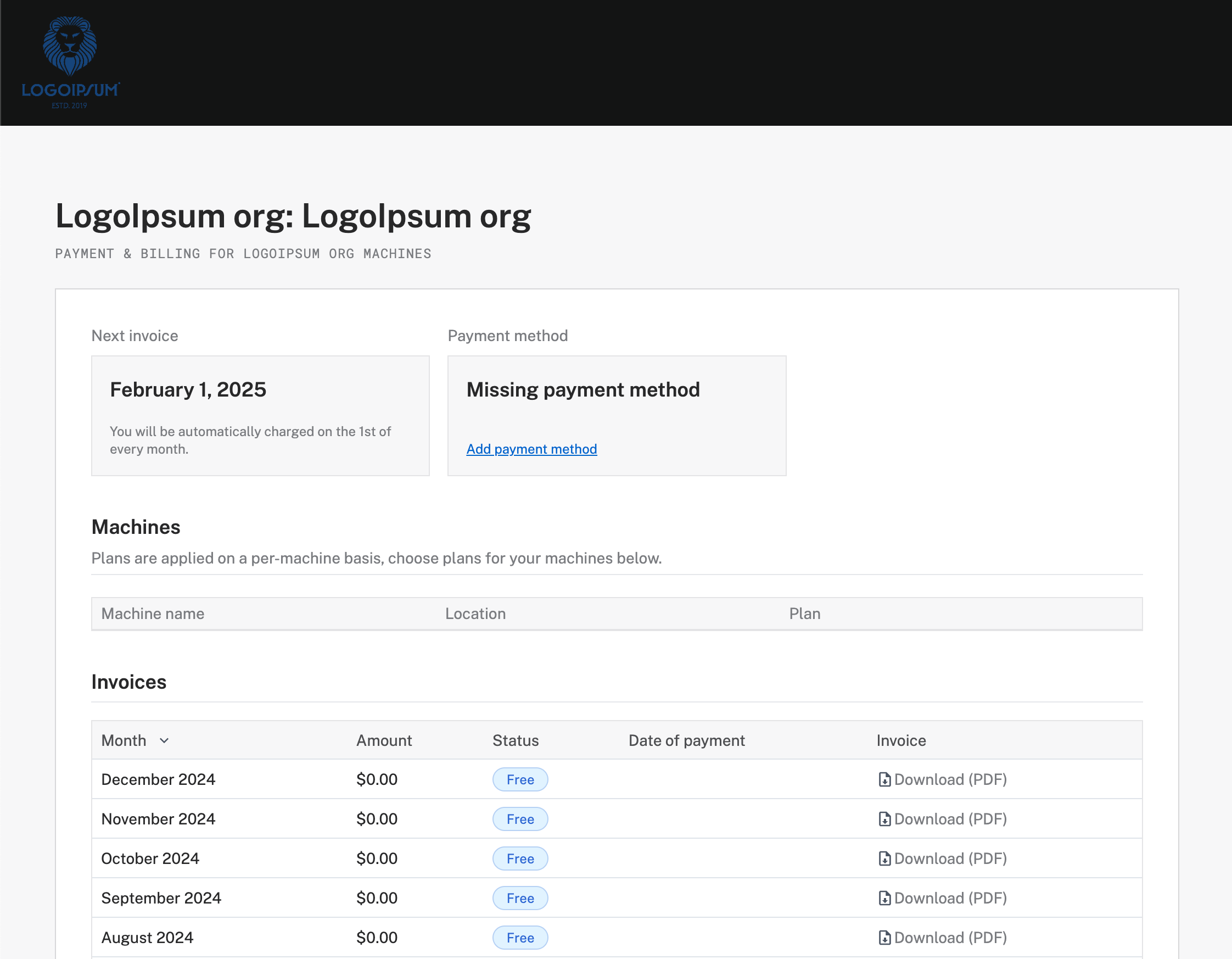 Example billing dashboard