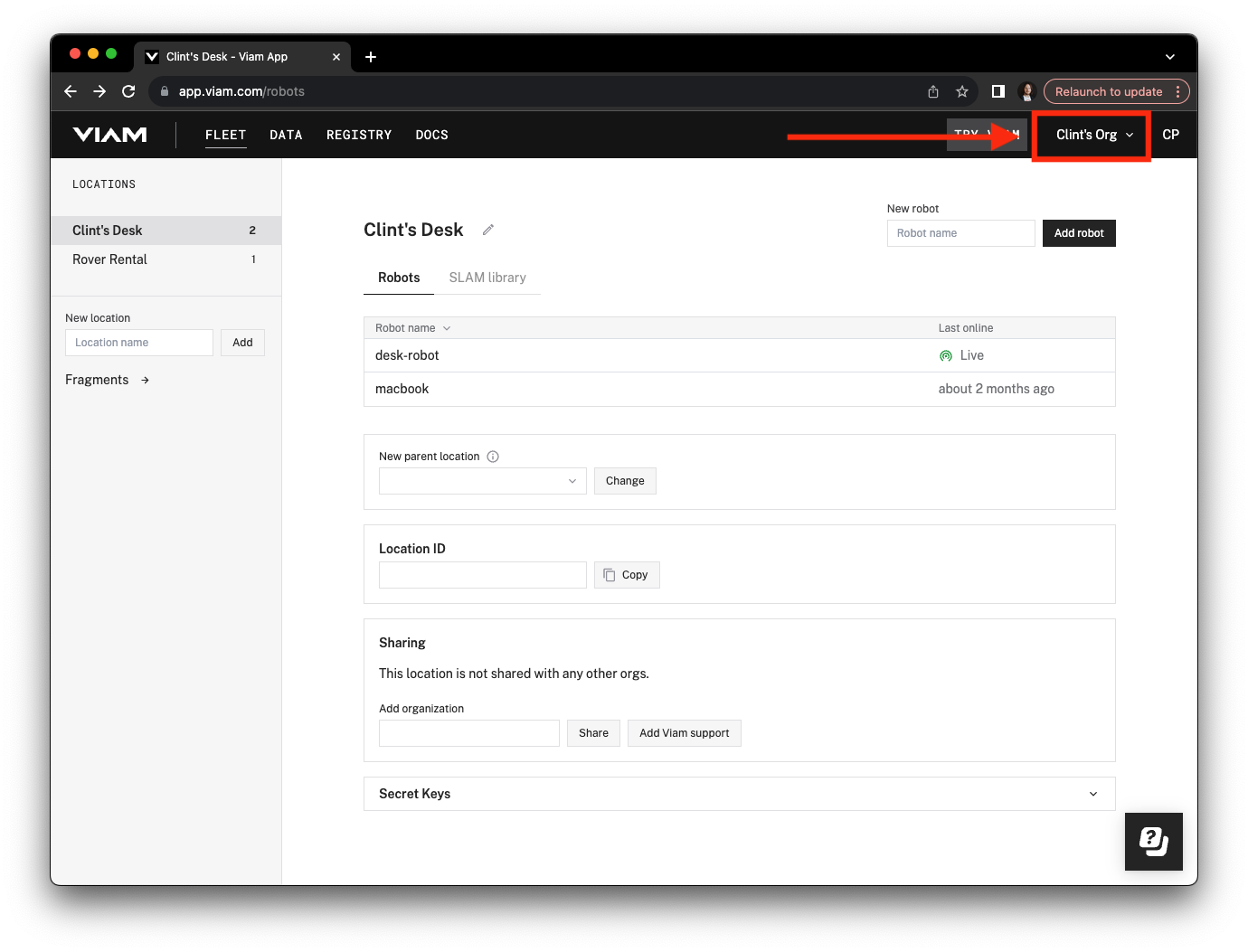 The Viam web app with the organization dropdown labeled 'Clint's Org' highlighted.